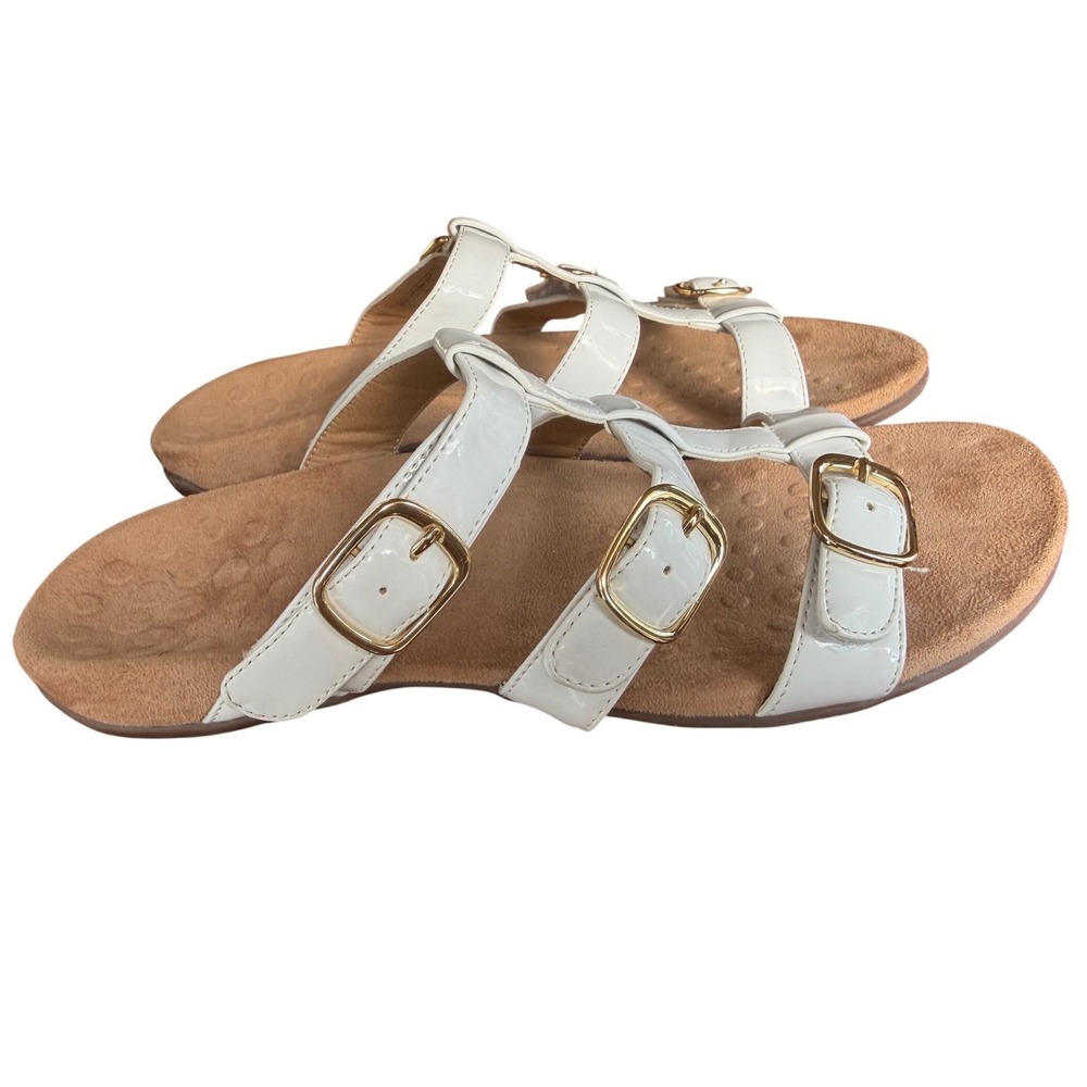 Vionic Misa White Patent‎ Leather Adjustable Slide Sandals 12 Wide Width